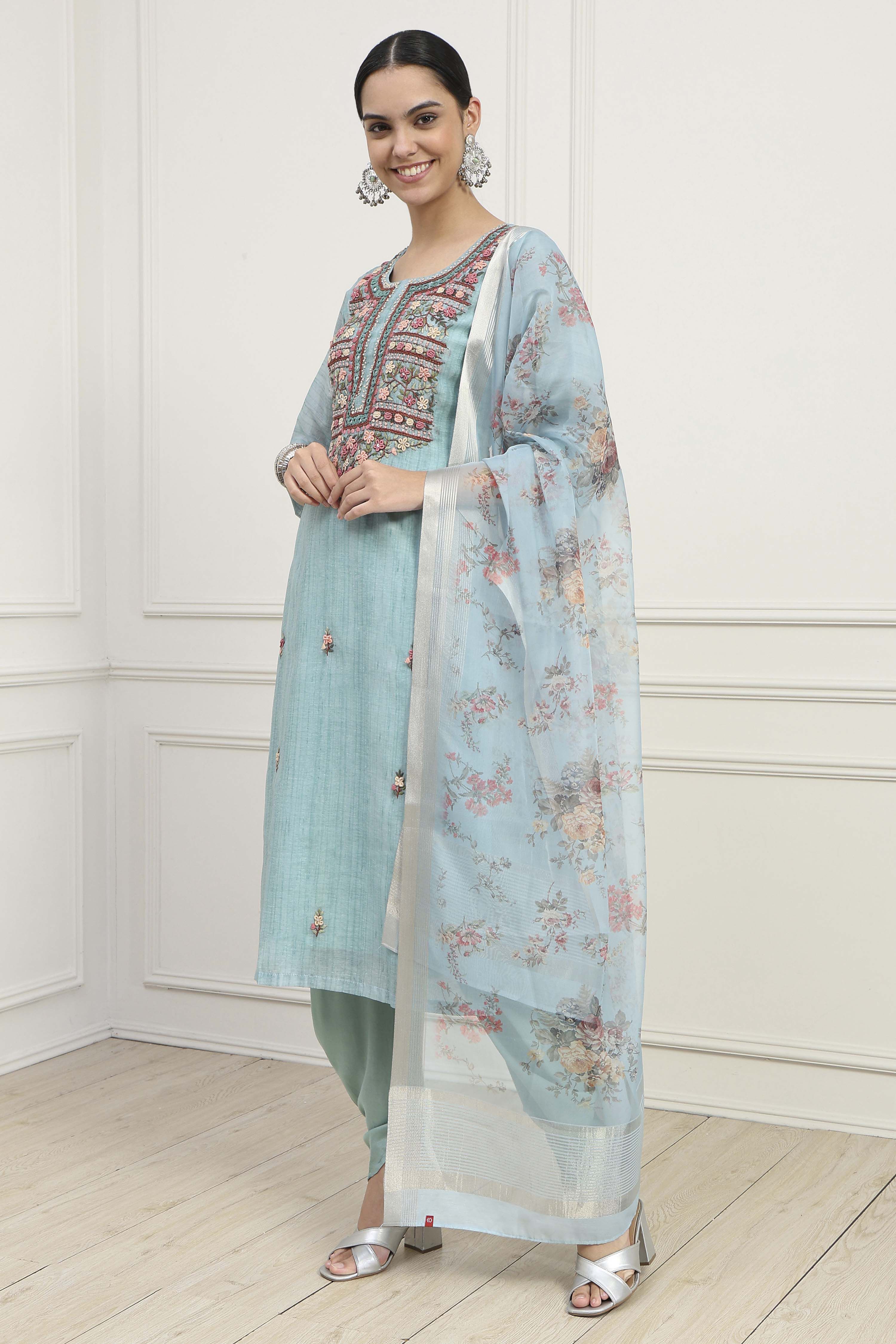 Blue Chanderi Hand Embroidered Unstitched Suit Set image number 4