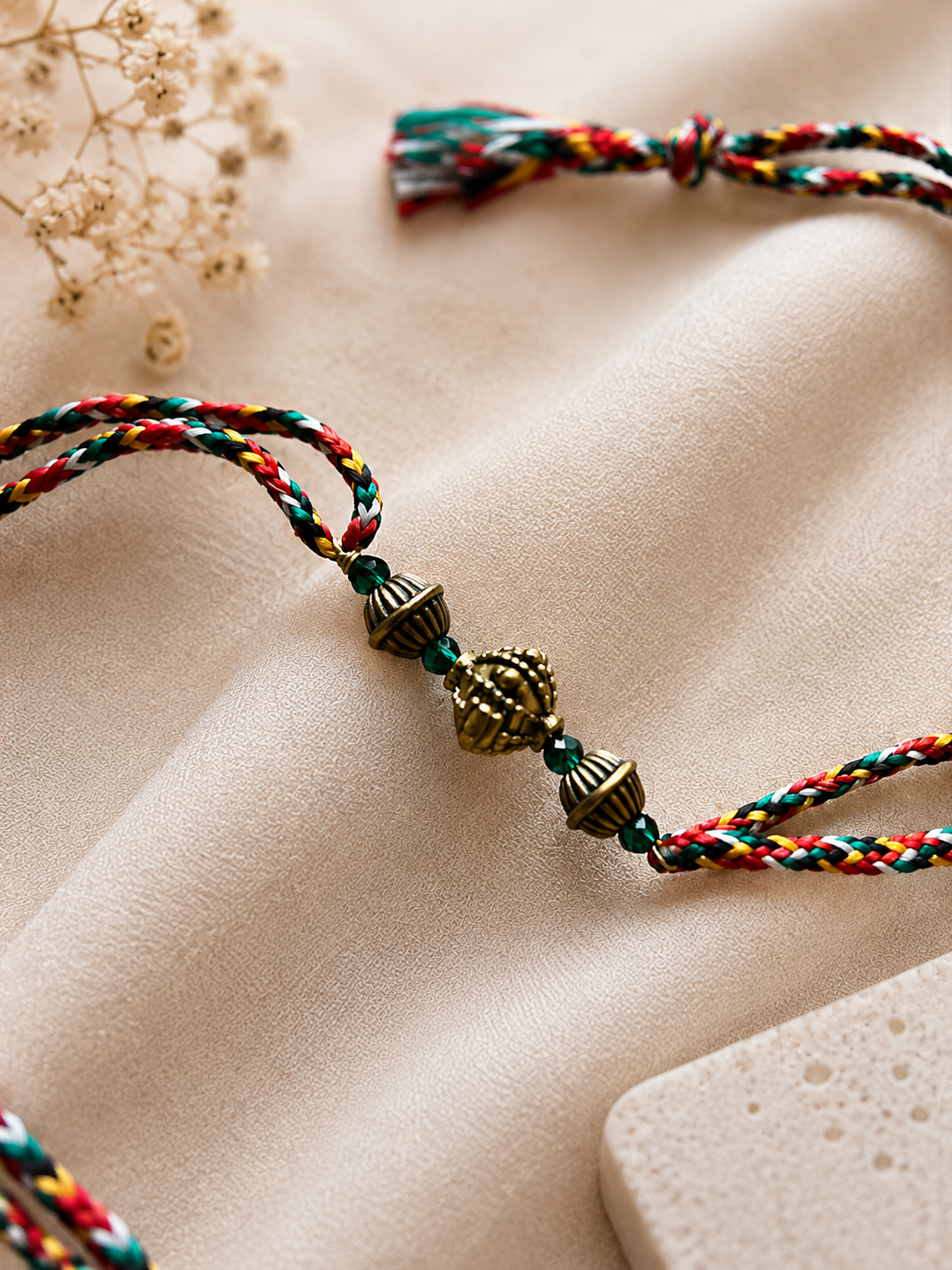 Multlicolor Antique Gold Rakhi With Green Beads image number 0