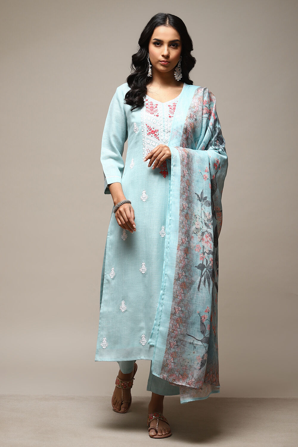 Pastel Green Linen Machine Embroidered Unstitched Suit Set image number 8