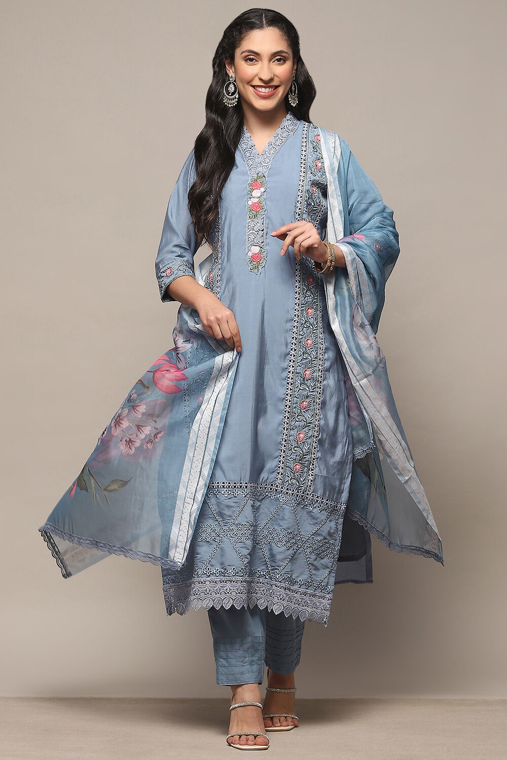 Green Silk Blend Unstitched Suit Set image number 1