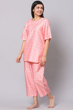 Blush Pink Straight Cotton Three Piece Printed Sleepwear Set image number 5