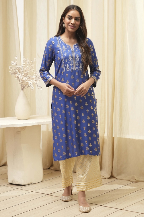 Navy Blue Rayon Straight Kurta Pants Set image number 6