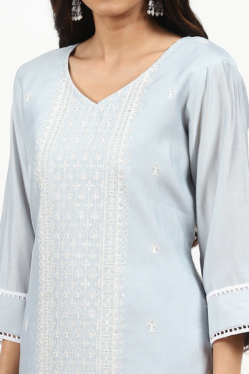 Grey Silk Blend Machine Embroidered Unstitched Suit Set image number 4