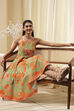 Green Cotton Blend Floral Printed Flared Dress image number 0