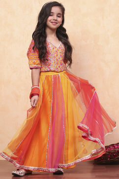 Yellow and Pink Embellished Festive Flared Lehenga Set image number 6