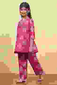 Fuchsia Art Silk Flared Kurta Pants Set image number 3