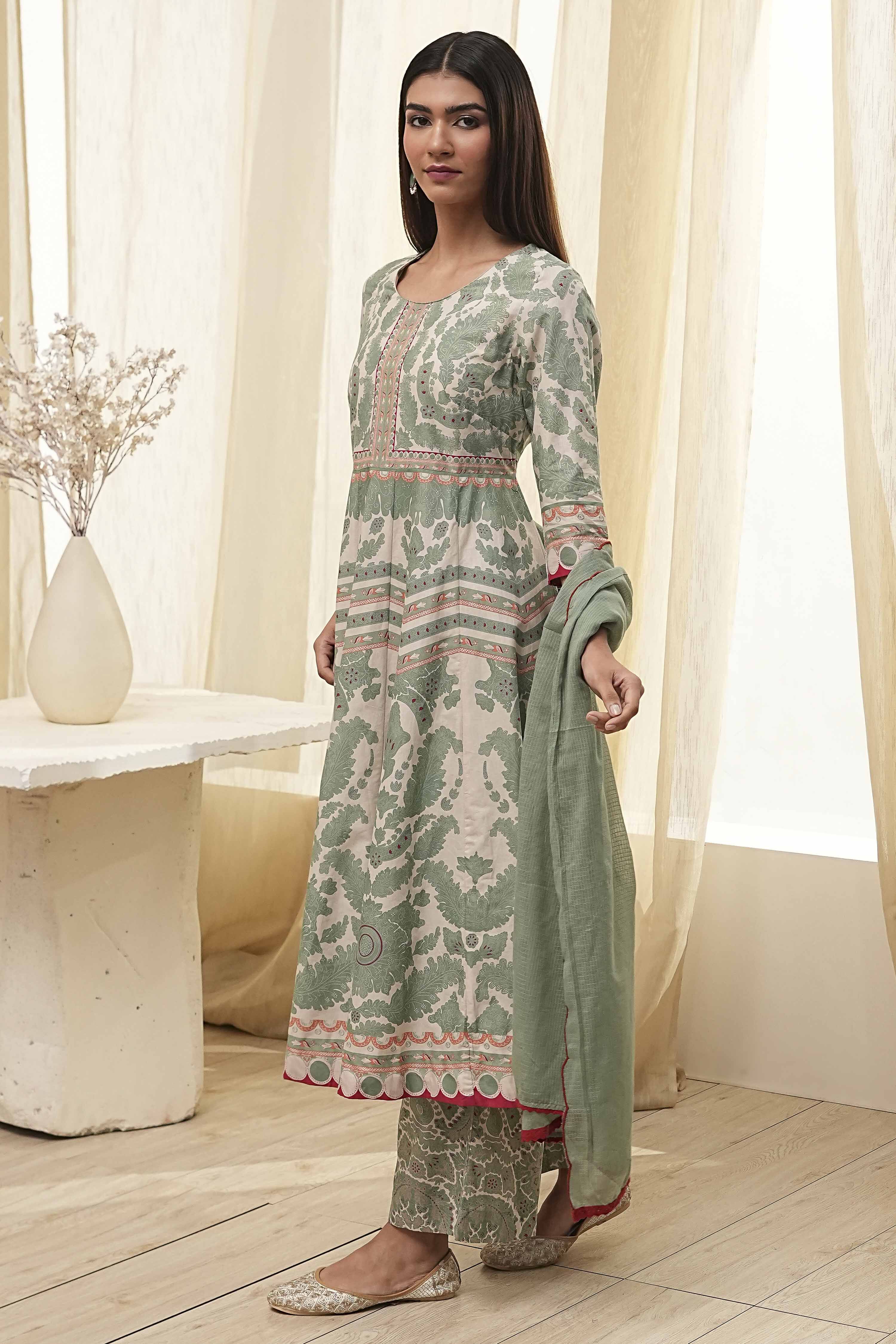 Green Cotton Printed Anarkali Suit Set image number 3