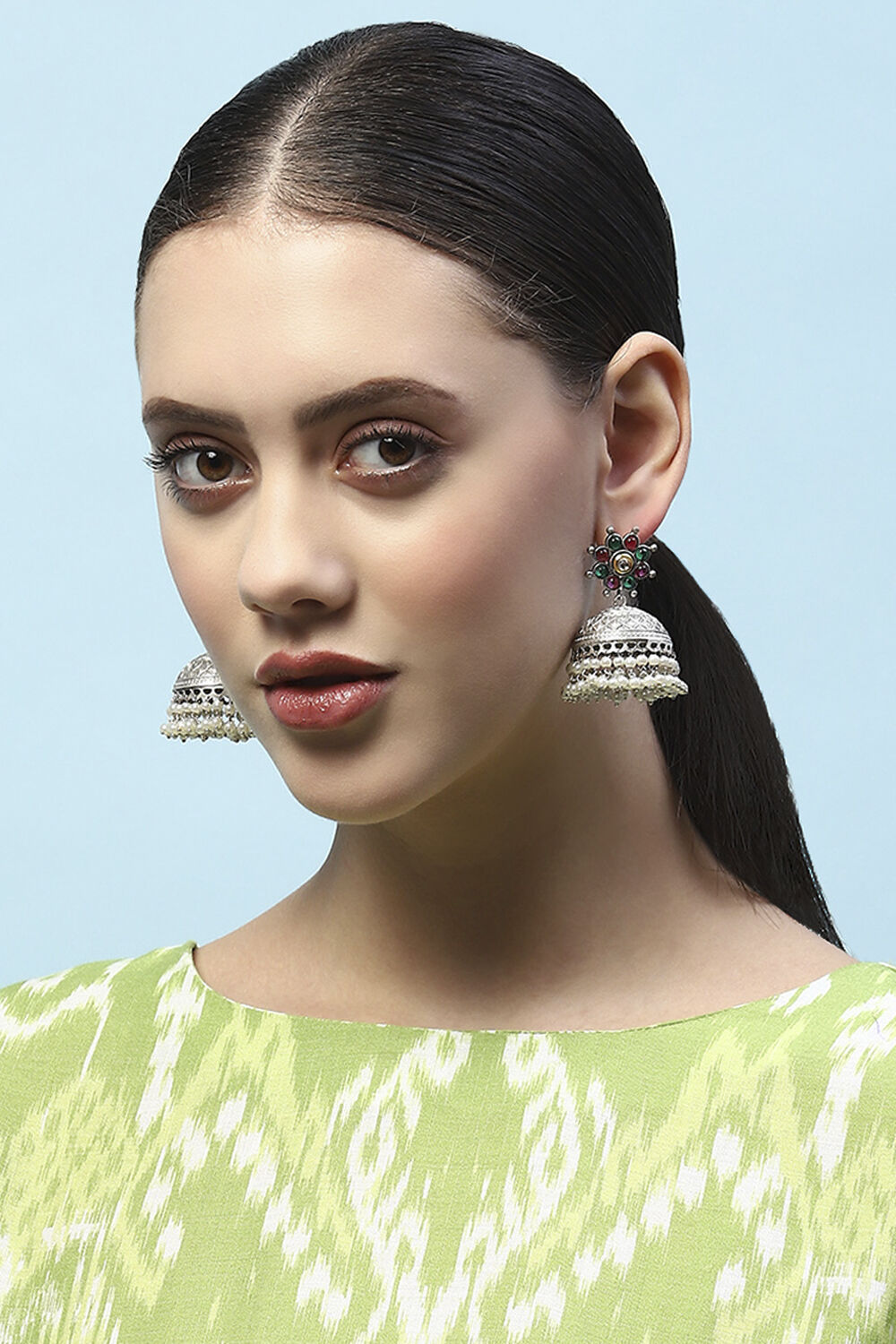 Pink and Green Oxidised Stone Studded Jhumkas image number 1