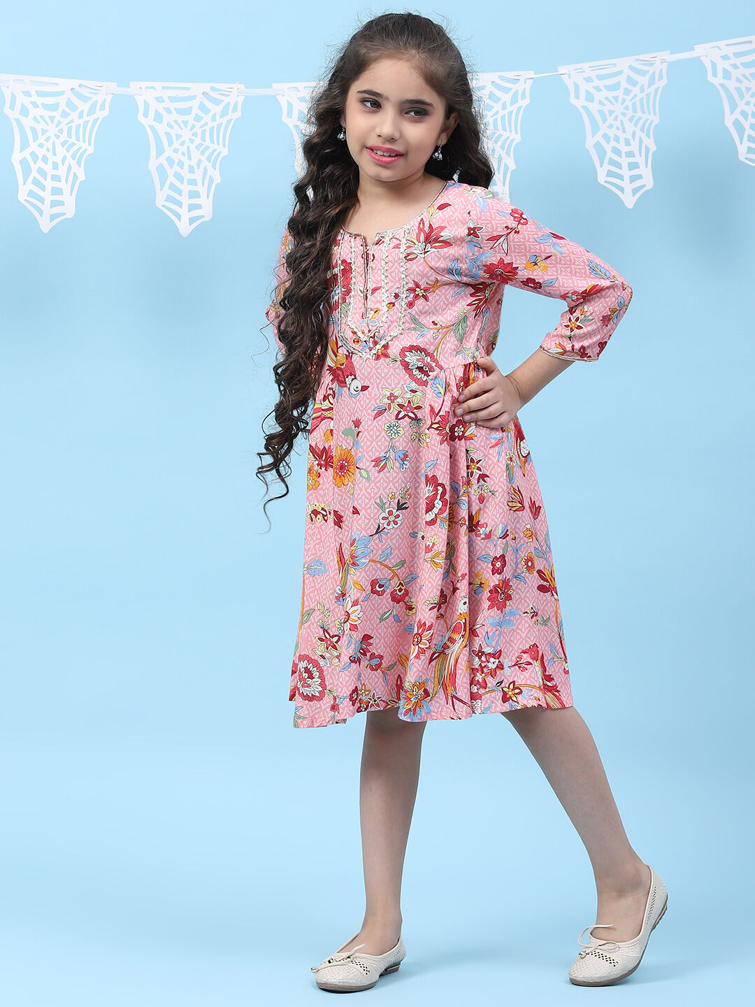 Pink Rayon Flared Printed Kurta image number 5