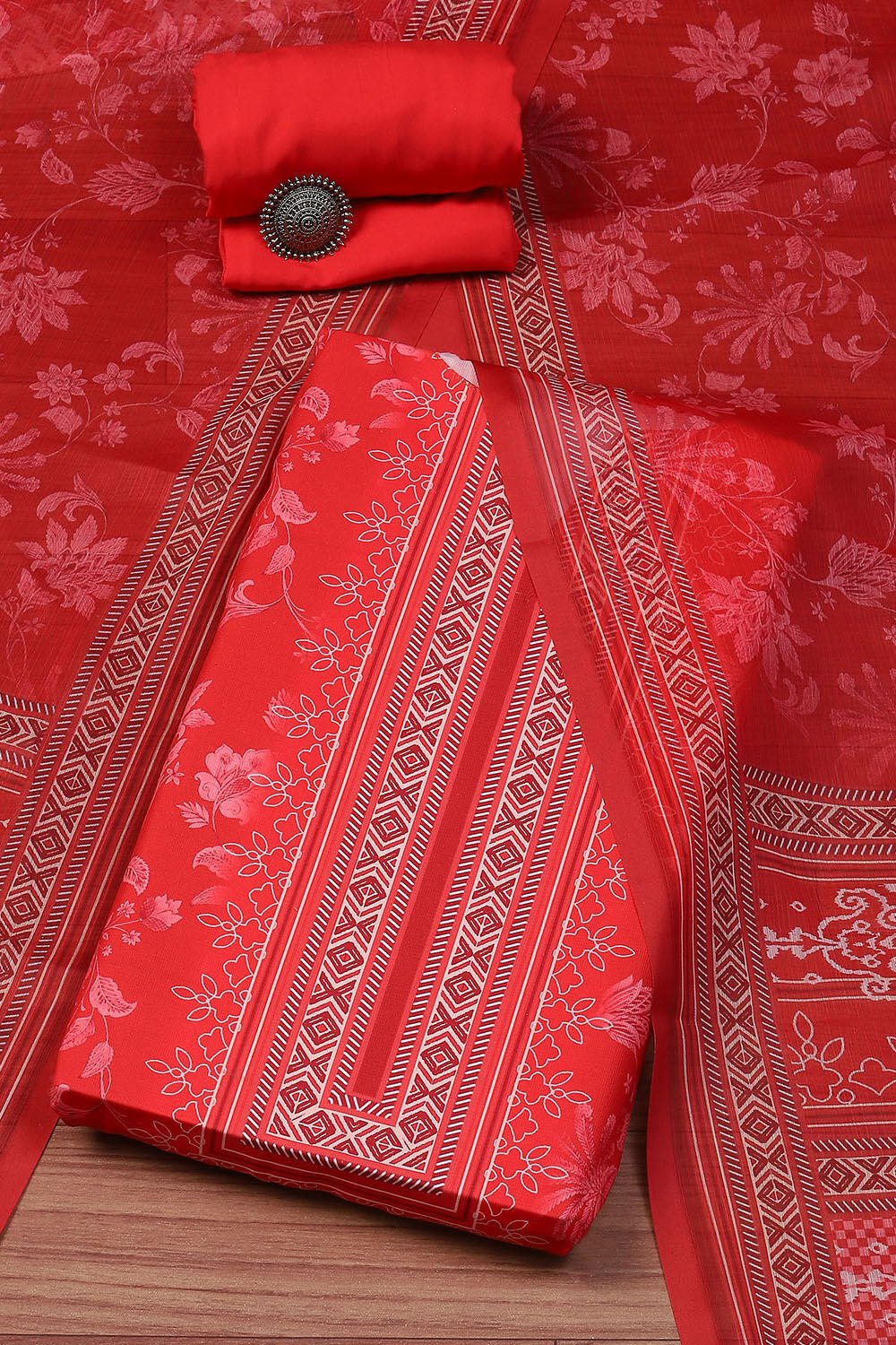 Red Silk Blend Digital Print Unstitched Suit Set image number 0