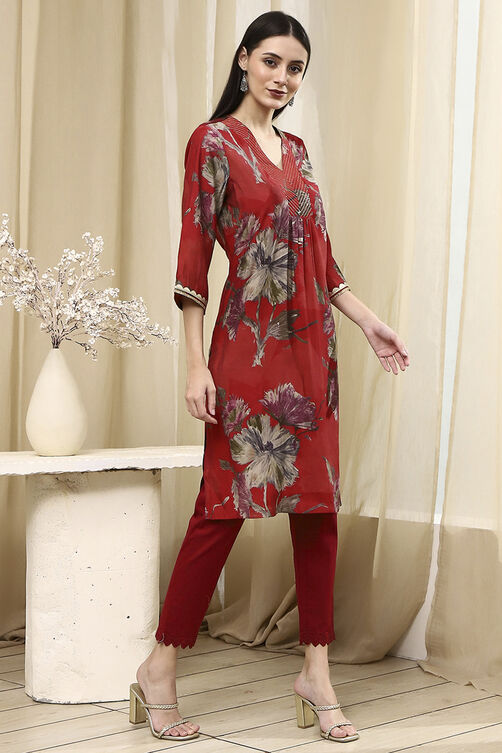 Coral Red Floral Printed Straight Kurta image number 4