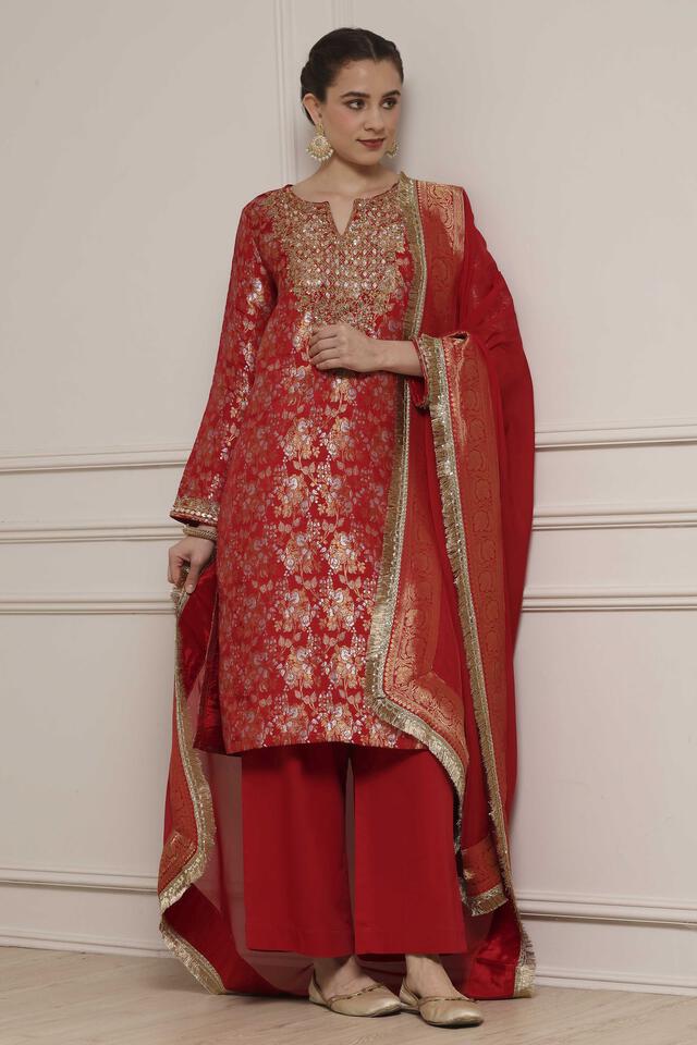 BIBA Red Viscose Rayon Straight yarn-dyed Suit Set in Red