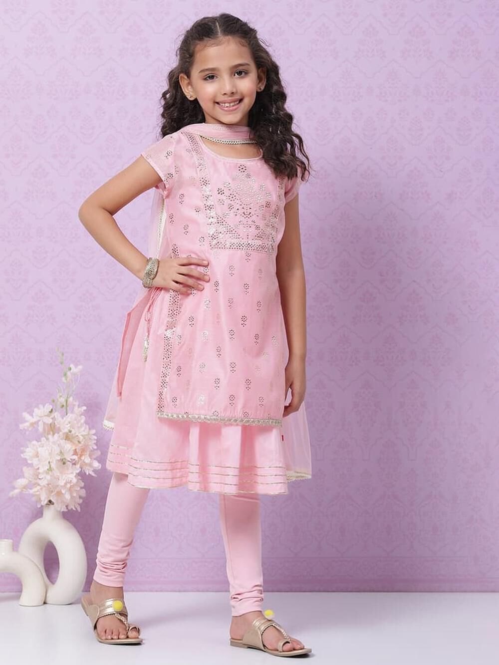 Pink Cotton Blend Flared Kurta Churidar Suit Set image number 8