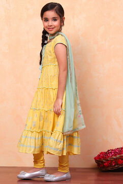 Yellow Cotton Printed Tiered Festive Flared Suit Set image number 3
