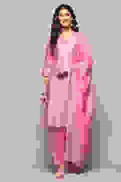 Pink Yard-Dyed Chanderi Kurta & Pants Suit Set image number 7