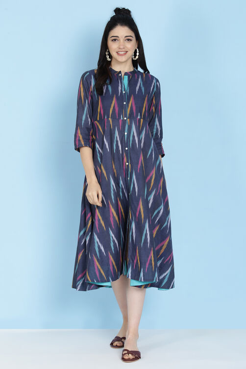 Blue Cotton Fusion Wear Dress image number 3