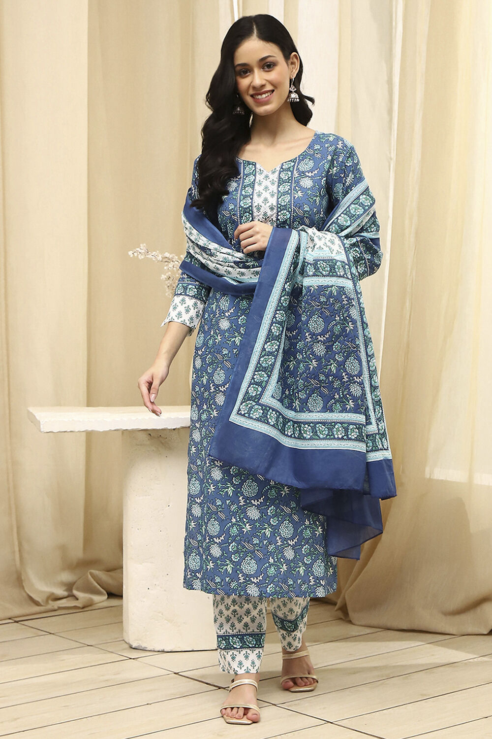 Lime Green and White Cotton Screen Print Unstitched Suit Set image number 1