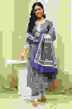 Blue and White Cotton Screen Print Unstitched Suit Set image number 1