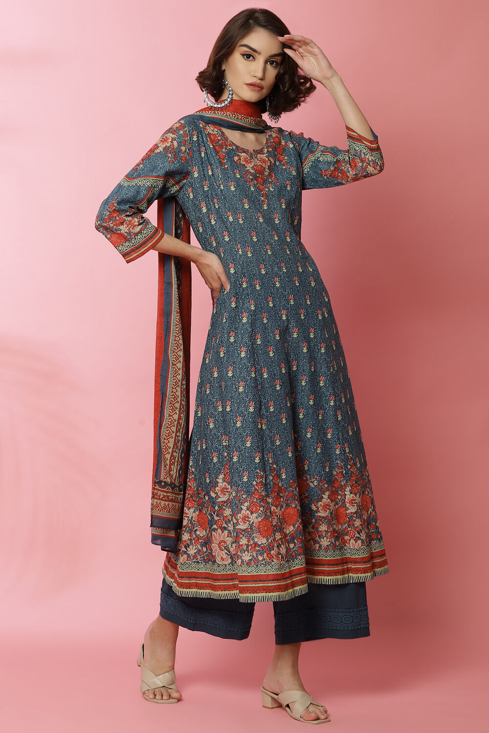Blue Cotton Kalidar Kurta Palazzo Suit Set image number 0