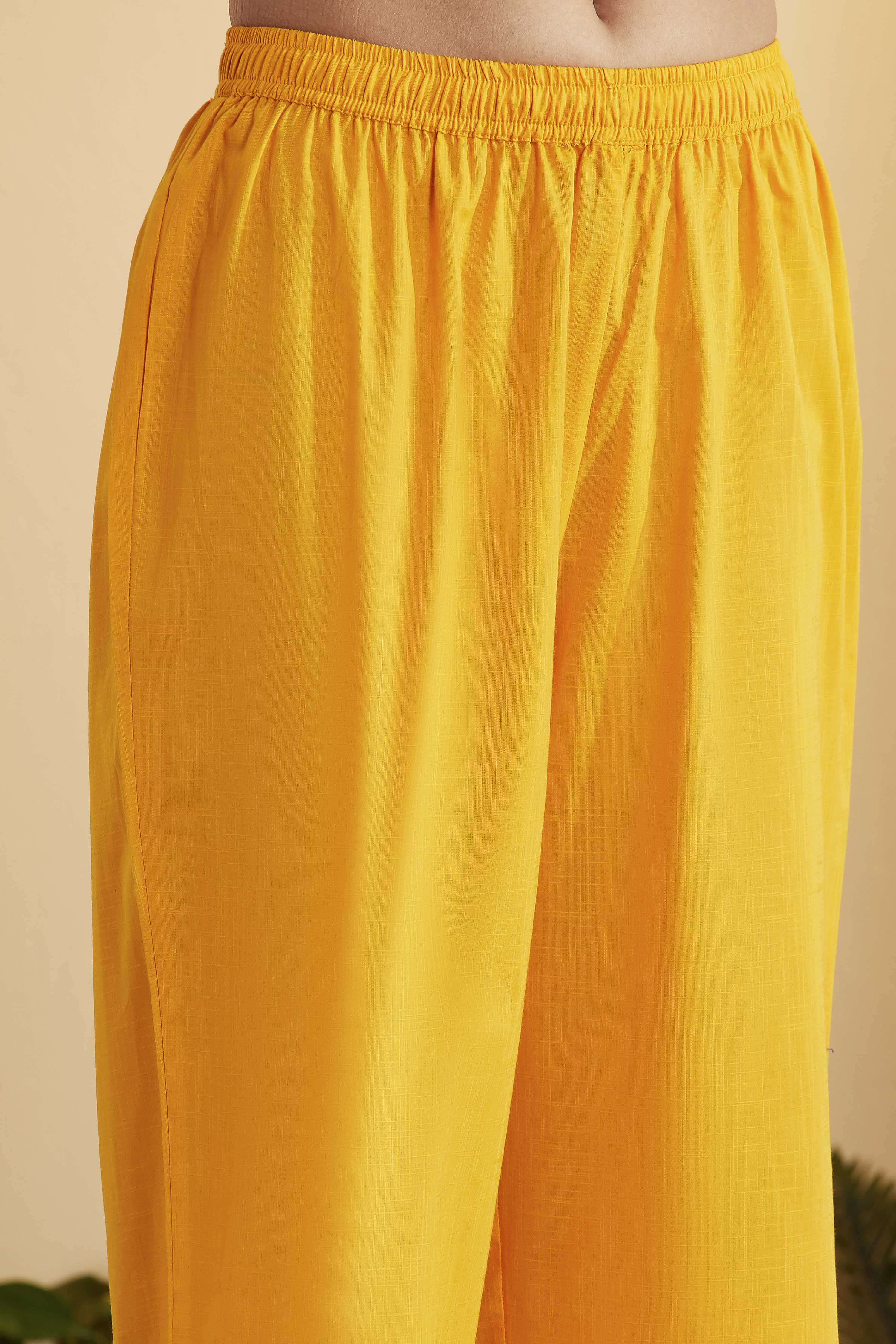 Yellow Cotton Anarkali Kurta Pants Set image number 2