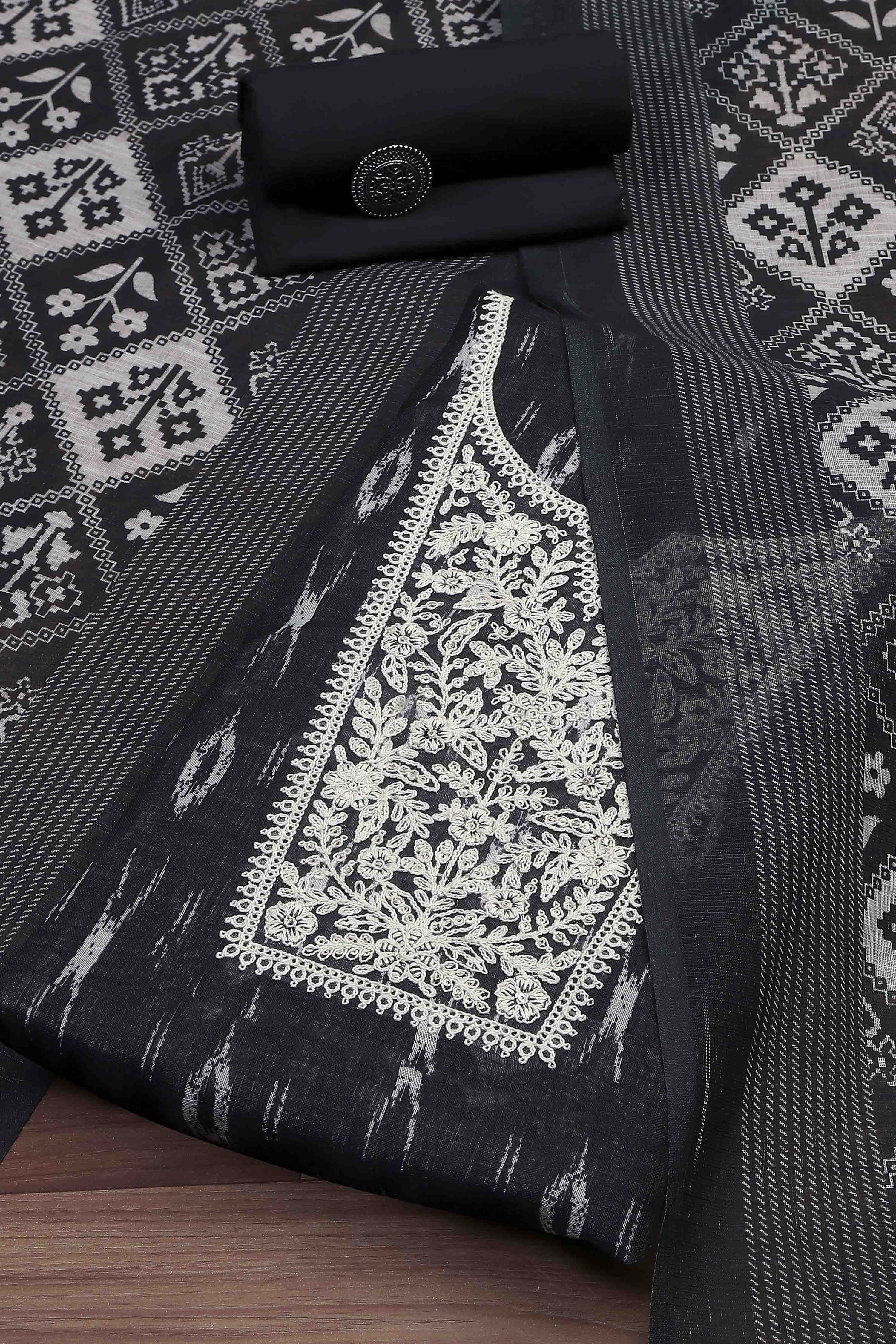 Blue Linen Royal-Ikkat  Buti Print Unstitched Suit Set image number 0