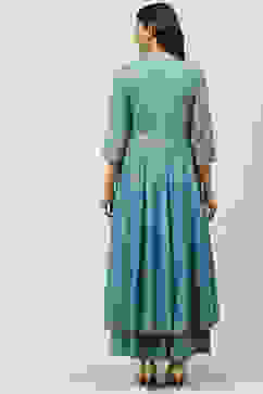 Blue Cotton Flared Fusion Printed Kurta Dress image number 4