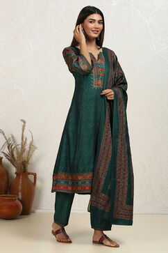 Teal Pashmina Machine Embroidery Unstitched Suit Set image number 6