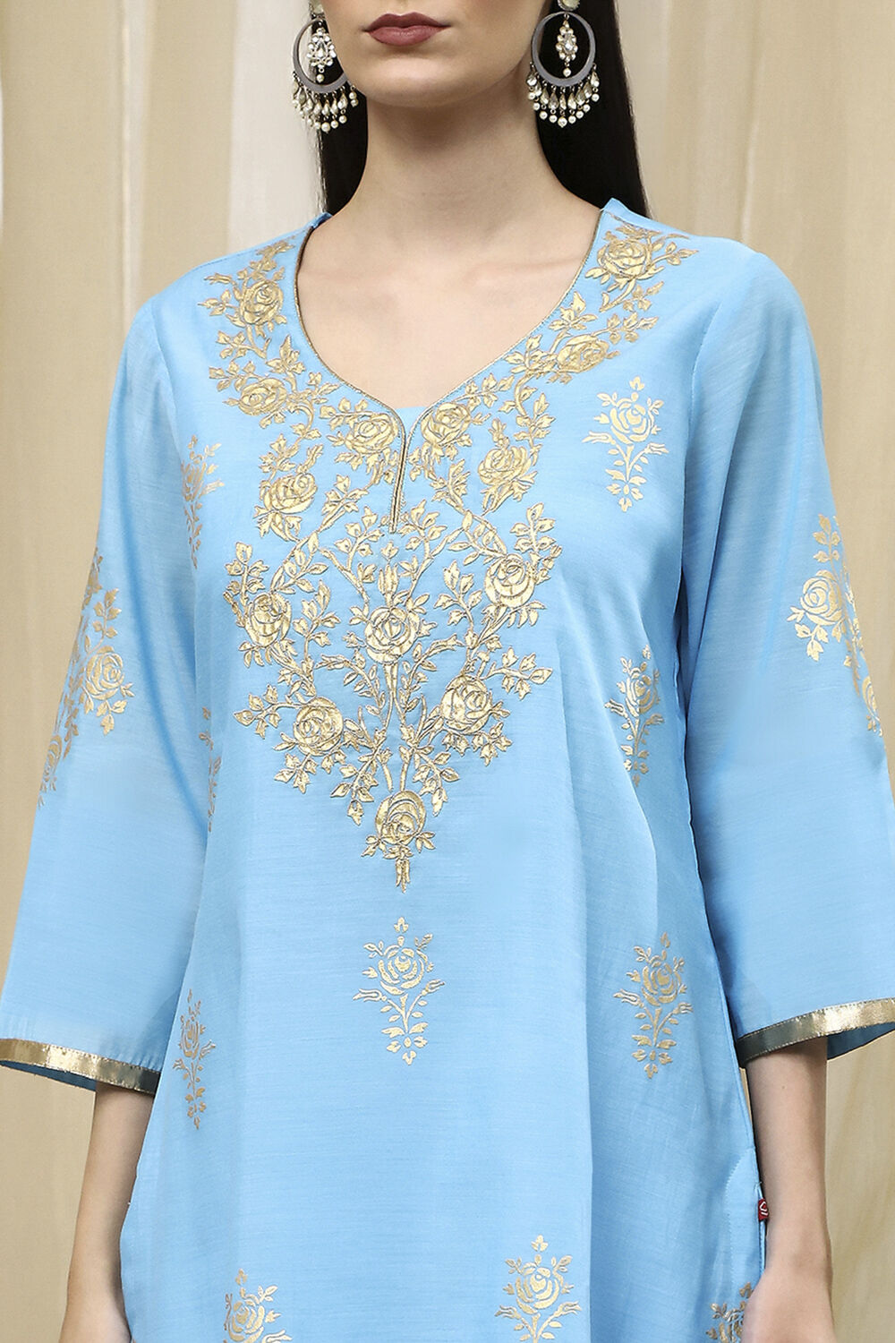 Blue Poly Chanderi Straight Suit Set image number 1