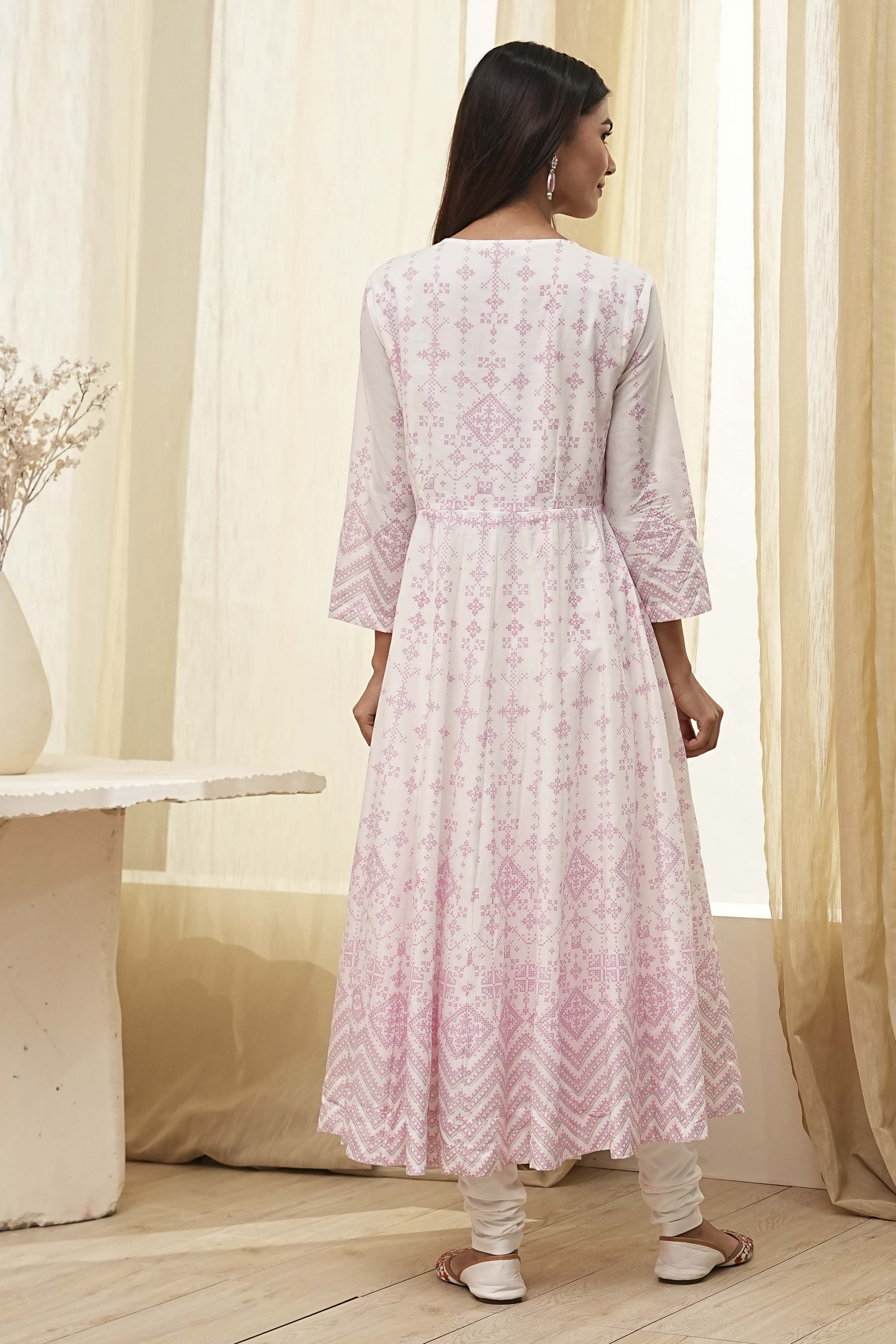 Off-White and Pink Cotton Anarkali Suit Set image number 4