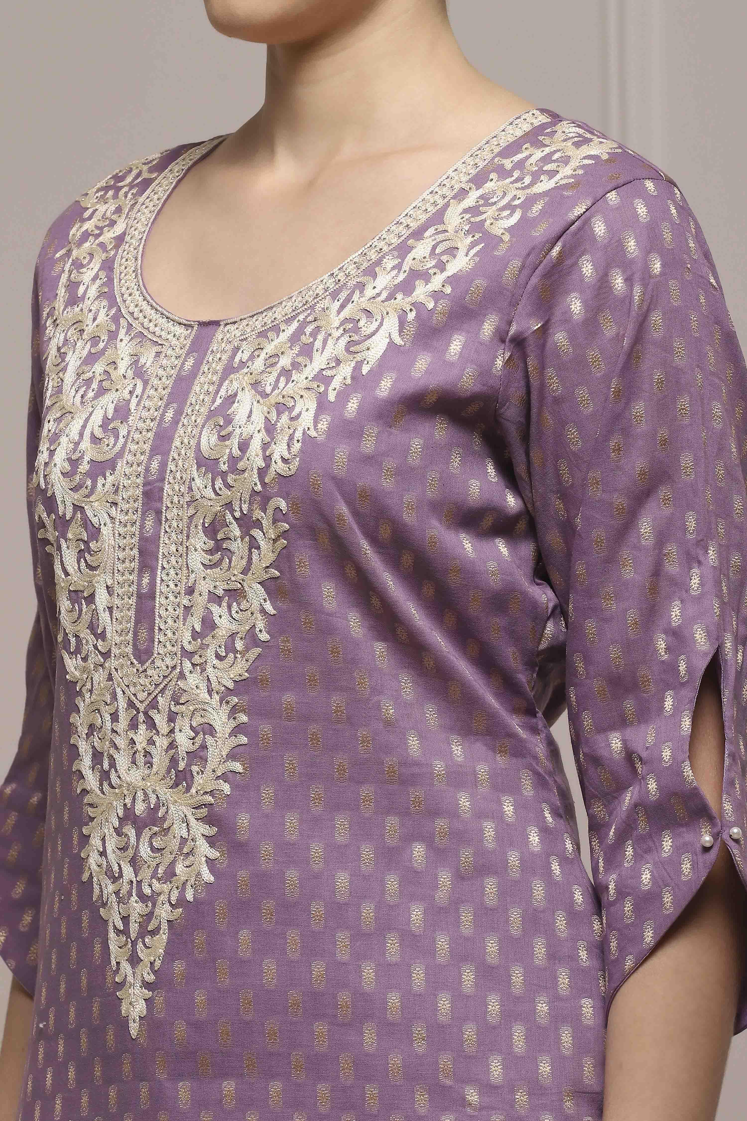 Peach Cotton Blend Thread Embroidered Unstitched Suit Set image number 2