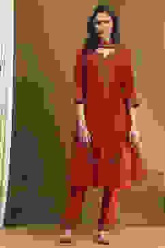 Red Embroidered Festive Straight Suit Set image number 0