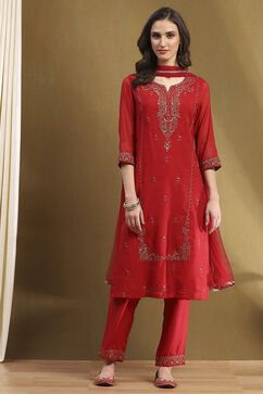 Red Embroidered Festive Straight Suit Set image number 0