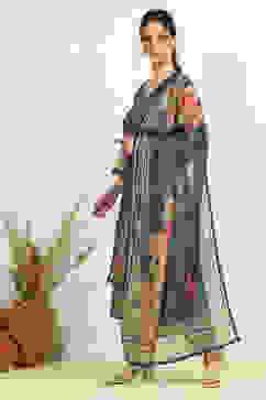 Blue Chanderi Floral Printed Unstitched Suit Set image number 2