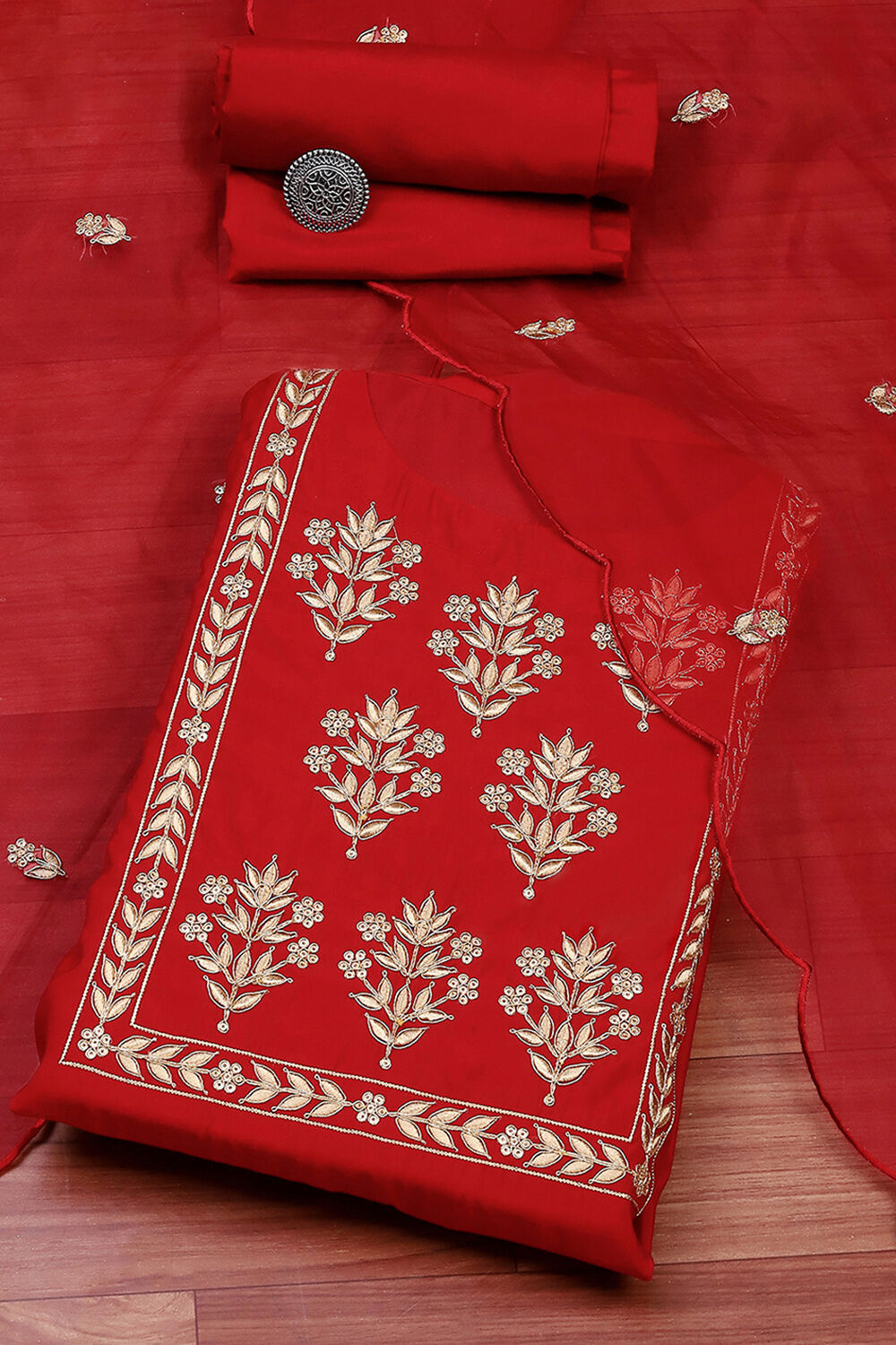 Red Silk Blend Machine Embroidered Unstitched Suit Set image number 0