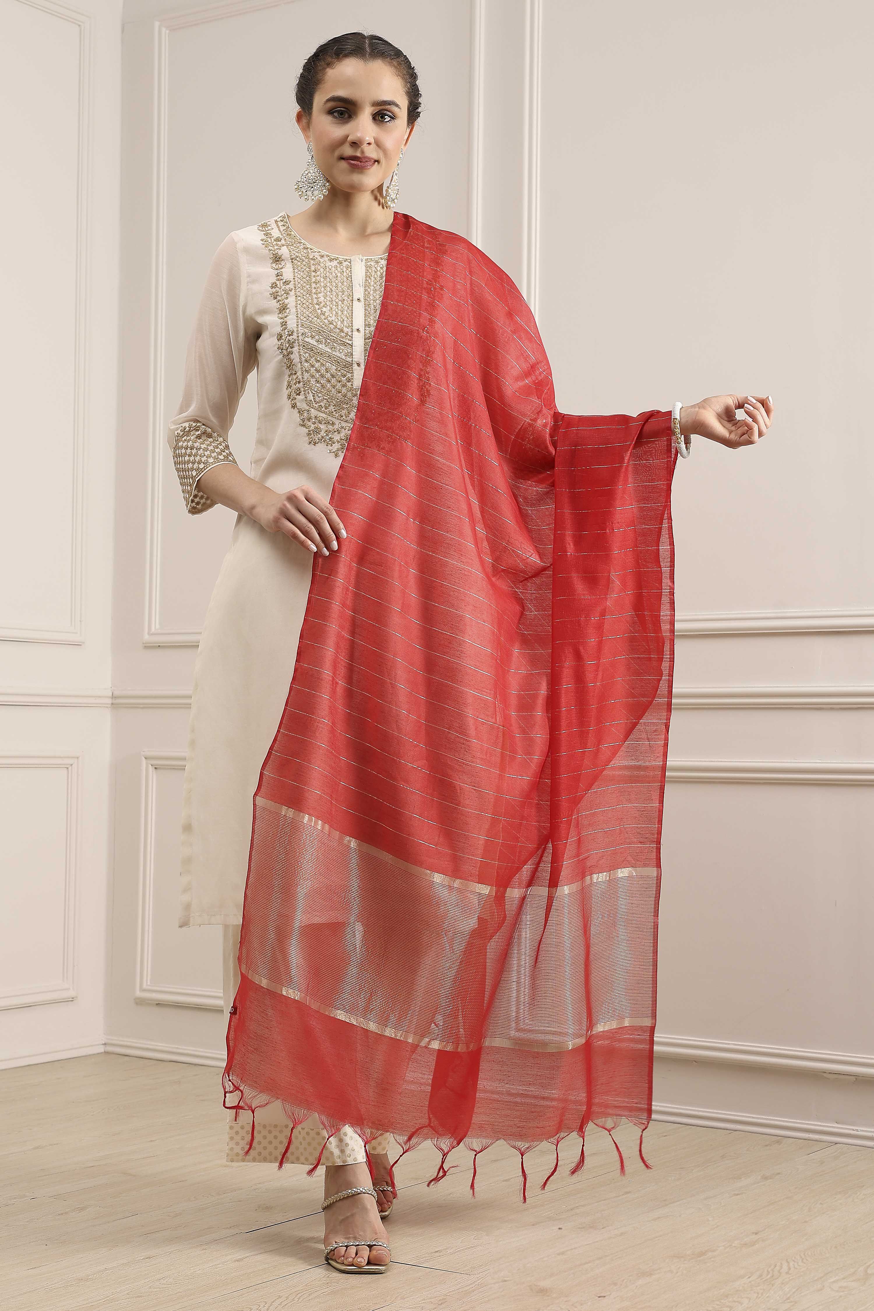 Red Polyester Yarndyed Dupatta image number 1