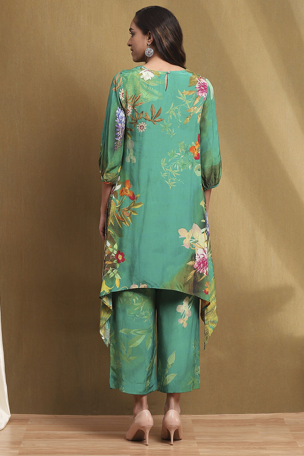 Green Modal Floral Printed Asymmetric Kurta Set image number 4