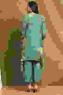 Green Modal Floral Printed Asymmetric Kurta Set image number 4