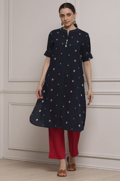 Navy Blue Cotton Printed Straight Kurta