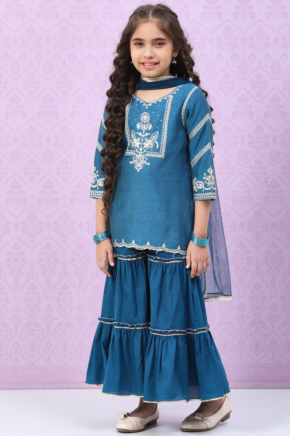 Blue Art Silk Straight Kurta Sharara Suit Set image number 5
