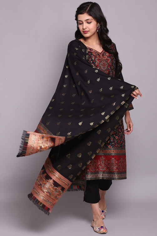 Black Woolen A-Line Kurta Narrow Pants Suit Set image number 6