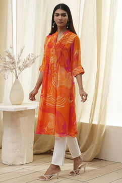 Orange Printed Pleated A-Line Kurta image number 2