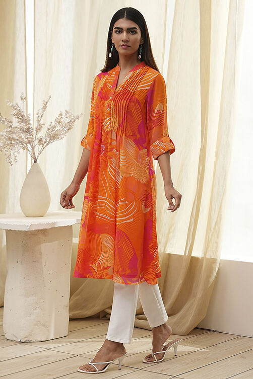 Blue Printed Pleated A-Line Kurta image number 2