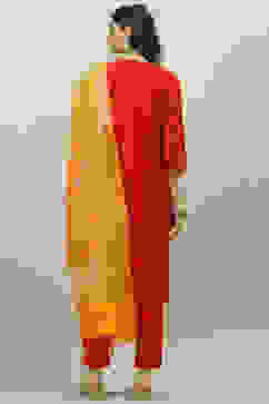 Terracotta Poly Cotton Straight Kurta Slim Pant Suit Set image number 4