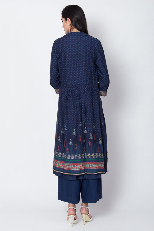 Indigo Viscose Front Open Printed Kurta image number 5
