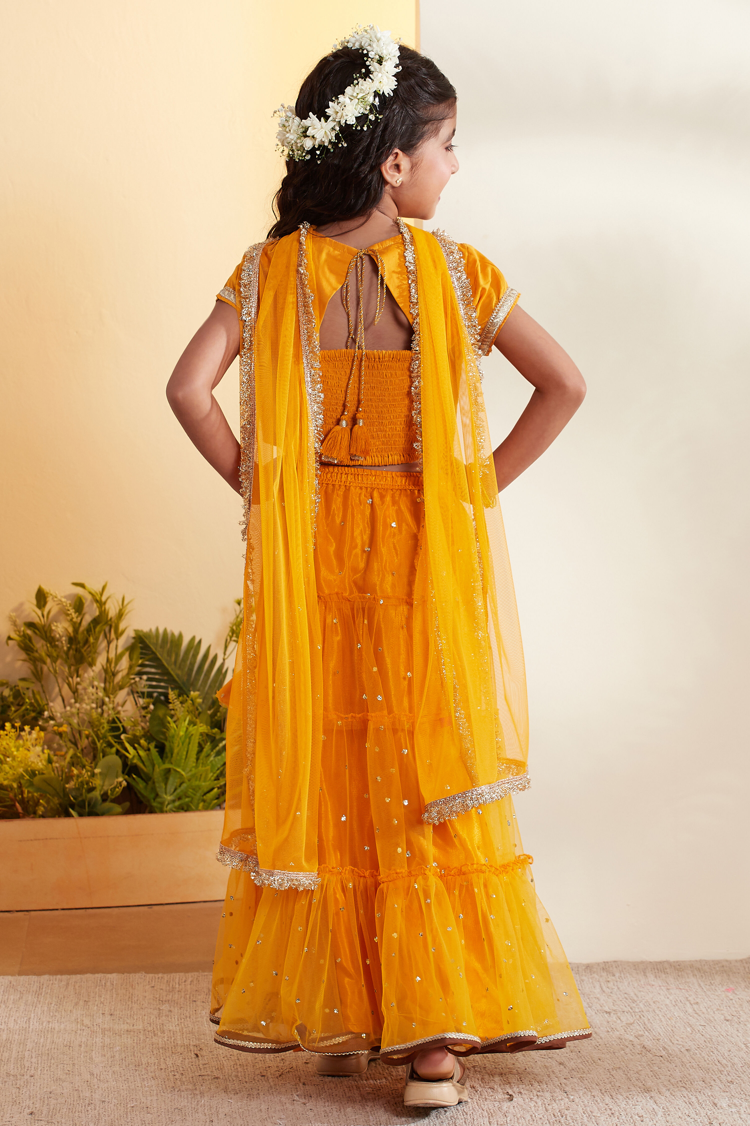 Yellow Cotton Sequined Tiered Lehenga Set image number 5