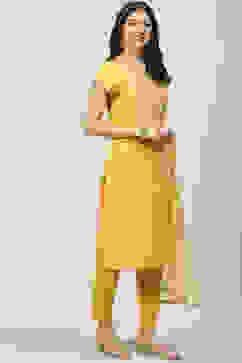 Mustard Art Silk Straight Kurta Slim Pants Suit Set image number 6