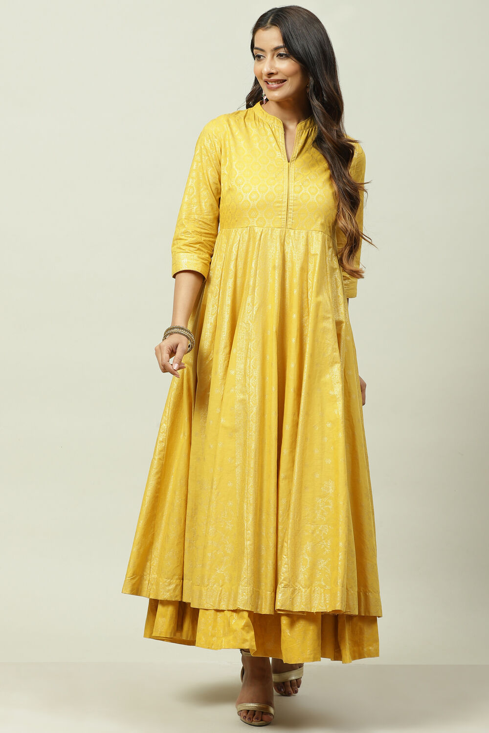 Ochre Cotton Flared Fusion Printed Dress image number 0