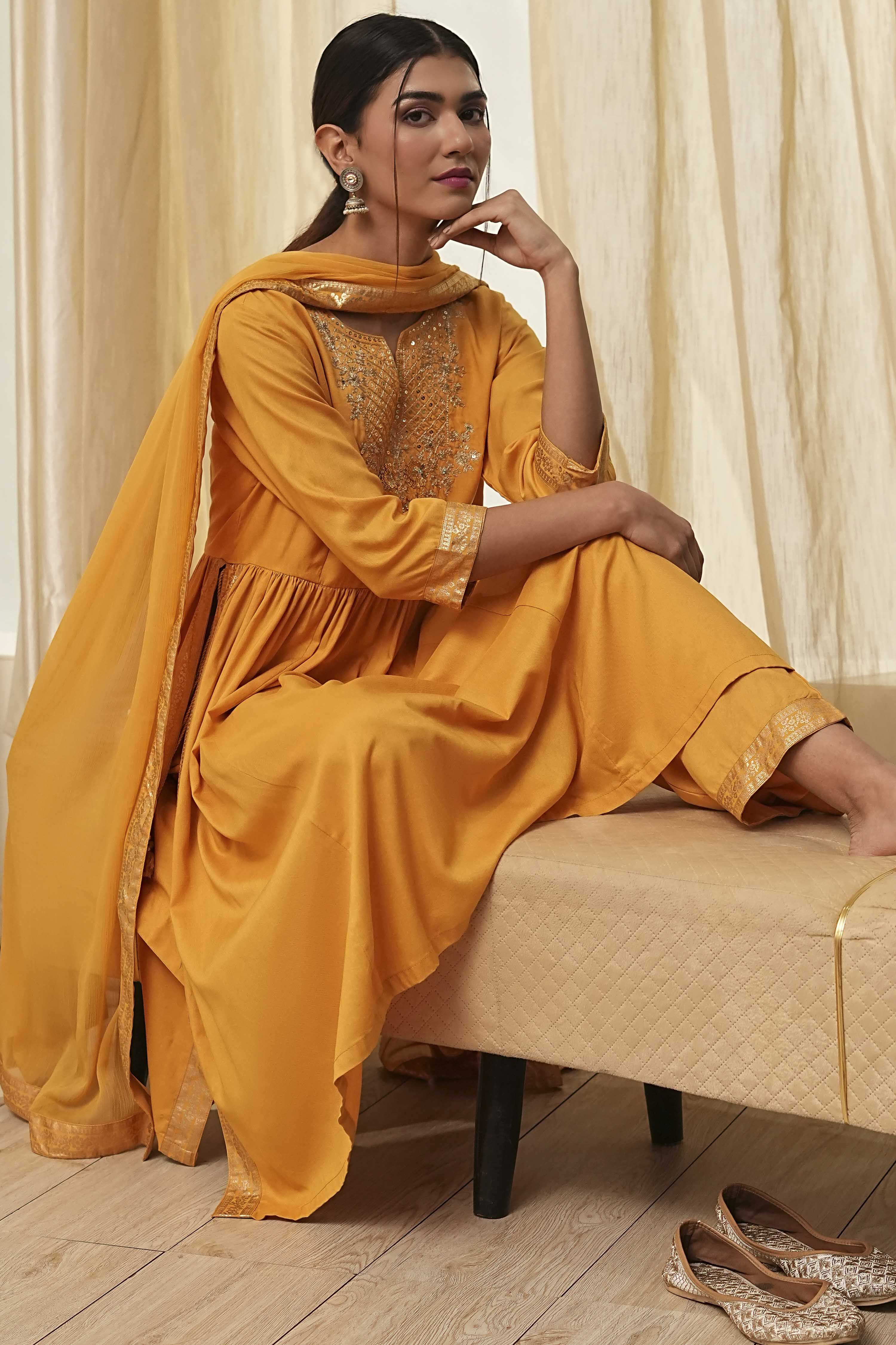 Ochre Yellow Viscose Embellished Gathered Suit Set image number 0
