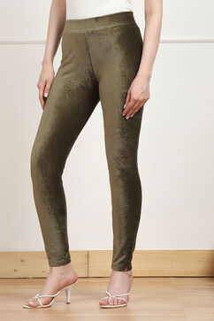 Olive Green Cotton Solid Jeggings image number 2