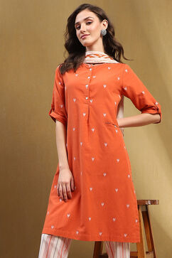Orange Cotton Printed Straight Suit Set image number 7
